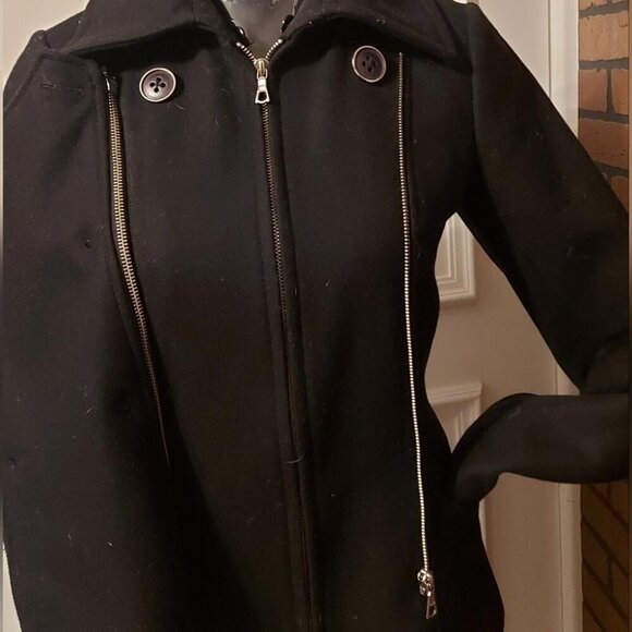 Rudsak Black Wool-Blend Fitted Peacoat Edgy Chic Biker Coat Sleek & Timeless - Picture 7 of 14